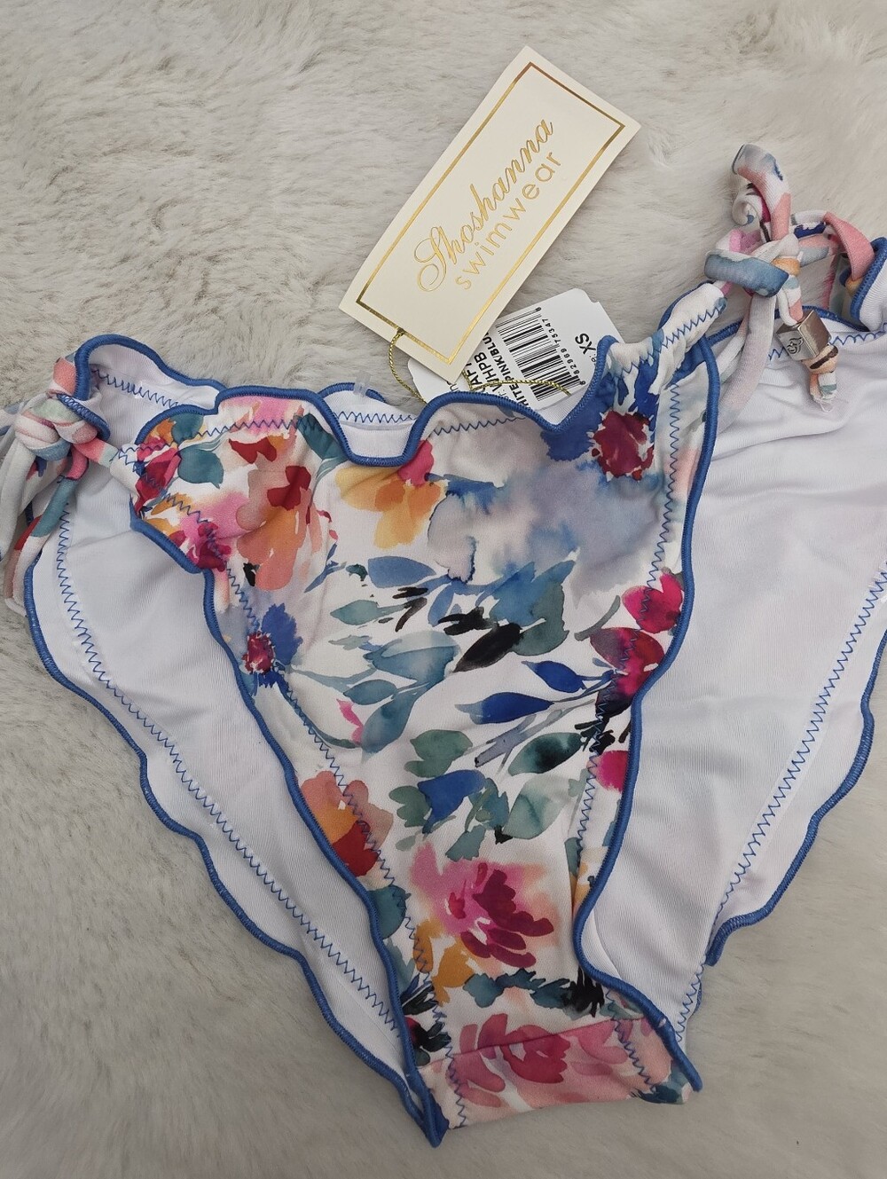 NWT Shoshanna Watercolor Floral Lettuce Scalloped Bikini Bottom - Blue Trim XS